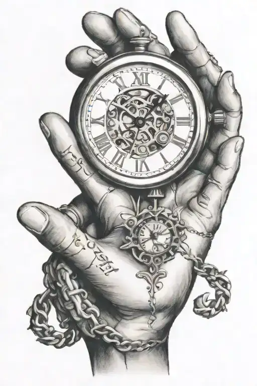 a time piece being held cupped by two hands, displaying the time 6:15pm with a third hand trying to take the time piece tattoo design idea