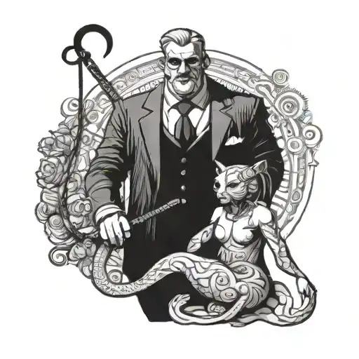 Design a black-grey tattoo of a dominant figure holding a leash attached to a submissive paypig, representing the power dynamics in financial domination tattoo design idea