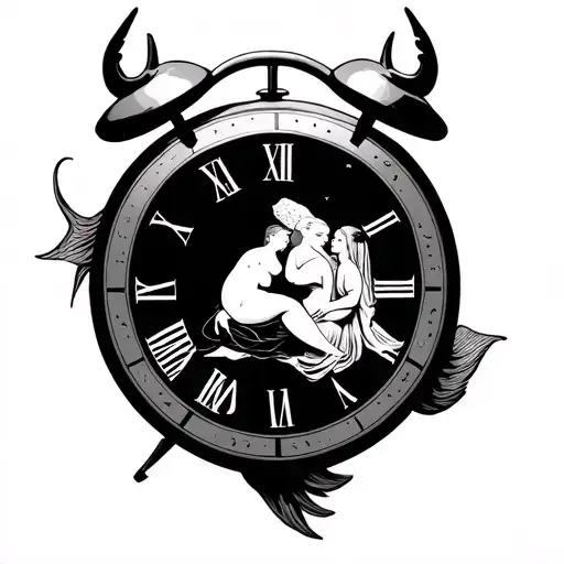 taurus symbol, clock with pregnant lady, pisces symbol tattoo design idea