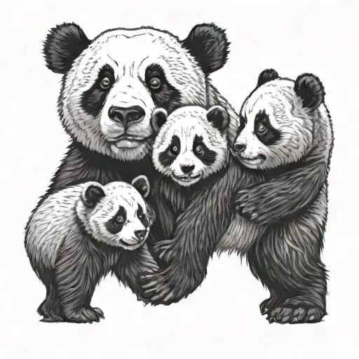 4 baby pandas being defended by adult grizzley bear tattoo design idea