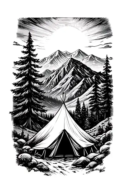 Force landscape with a tent illuminated with light in the background in the mountains tattoo design idea
