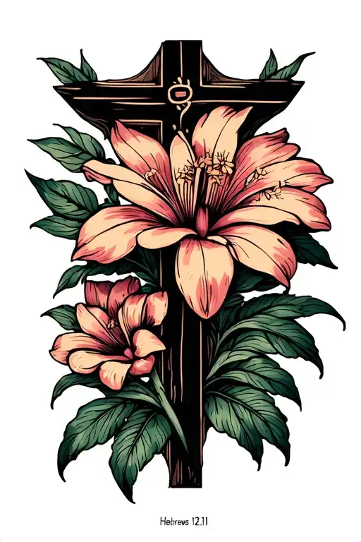 "Hebrews 12:11 NIV" cross with hawiian flower blooming up and behind the cross tattoo design idea