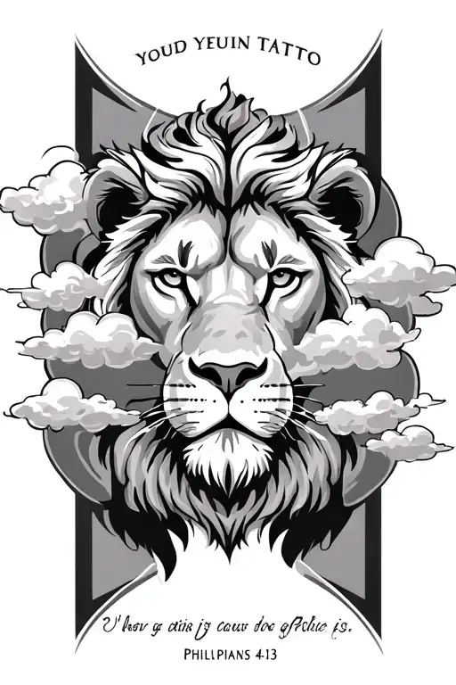 bible verse Philippians 4:13 clouds around lion head tattoo design idea