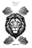 bible verse Philippians 4:13 clouds around lion head tattoo design idea