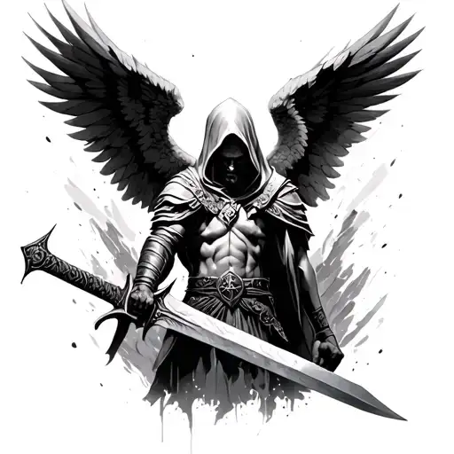 god of war angel warrior with hood holding a sword tattoo design idea