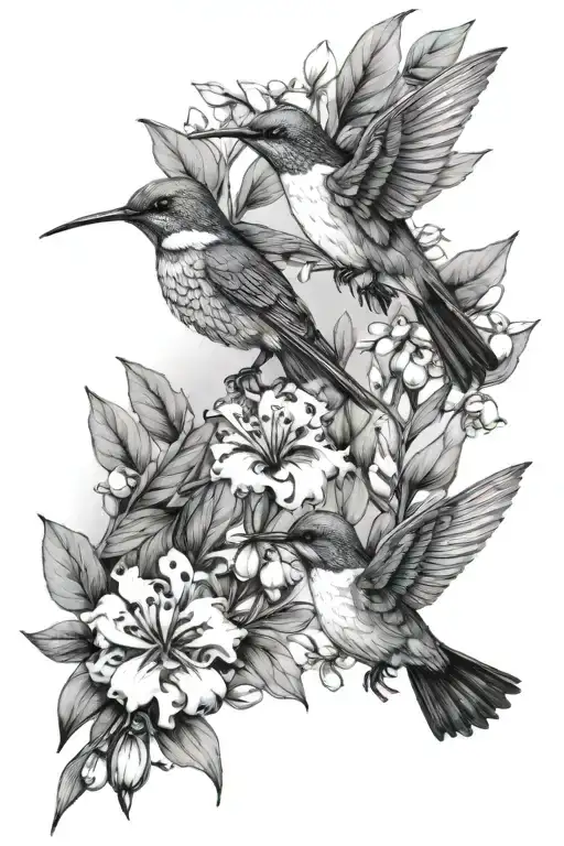 Hawthorn and Lily of the Valley flowers with 2 humming birds tattoo design idea