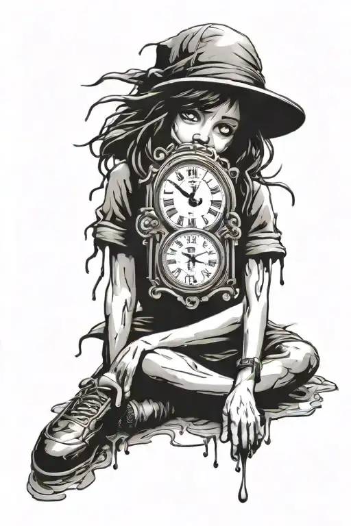 melting clock embedded in Banksy girl tattoo design idea
