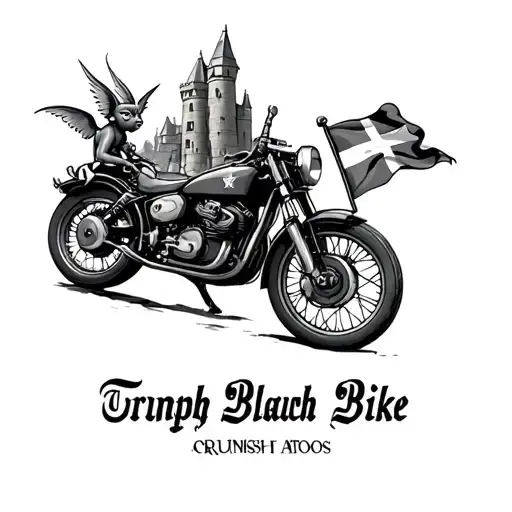 castle with pixies and triumph bike with a Cornish flag tattoo design idea