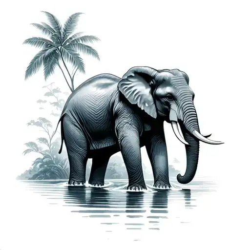 water fall in background, elephant main piece, lao pago fleural tattoo design idea
