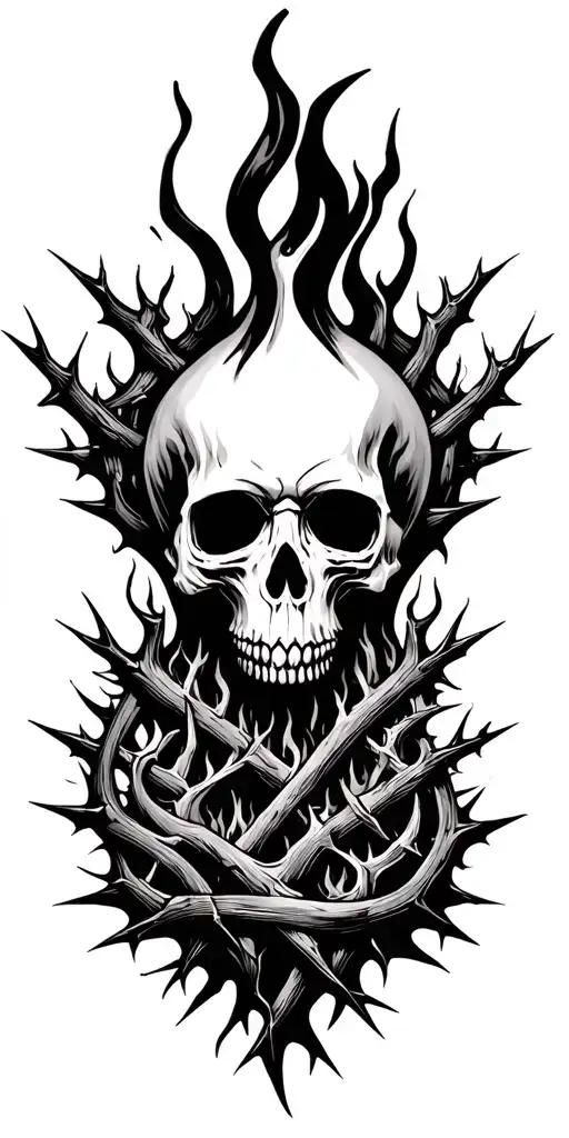 full sleave made of thornes very sharp pointy thornes strangling a fire small gothic skull with thorns growing reaper tattoo design idea