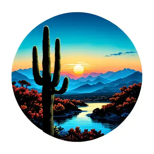 Japanese sunrise with mountains and saguaro cactus in the foreground tattoo design idea