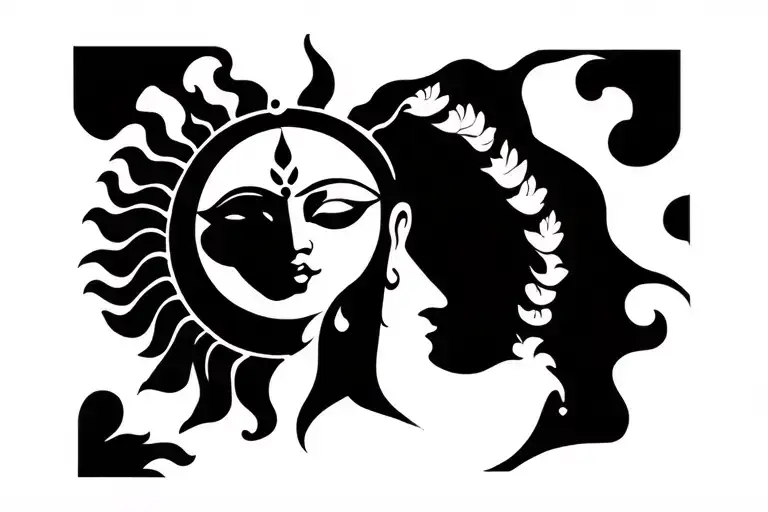 Half sun in the background with a silhouette of devi survachala facing the front tattoo design idea