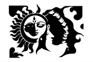 Half sun in the background with a silhouette of devi survachala facing the front tattoo design idea