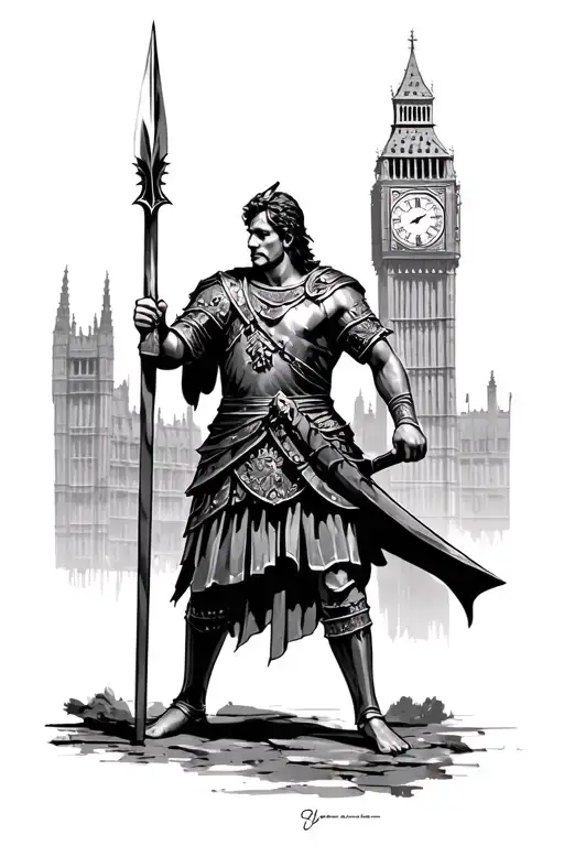 a Roman Warrior with a spear with a London clock in the background tattoo design idea