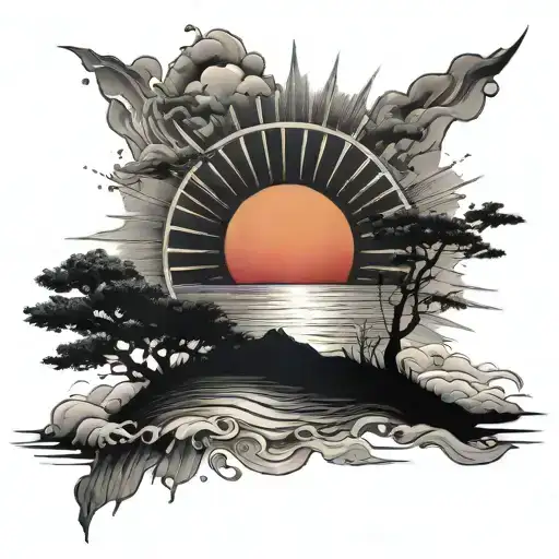 a rising sun over a peaceful horizon, with a space left for me to put a quote inside tattoo design idea
