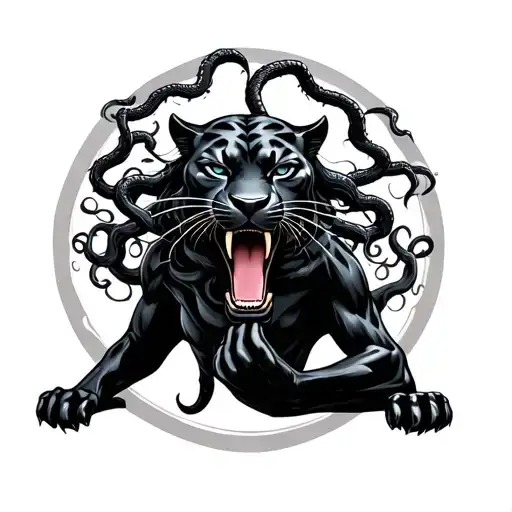 A black panther with Medusa in its mouth, placed in the center of the chest. Medusa can make a gesture with her hand, li tattoo design idea