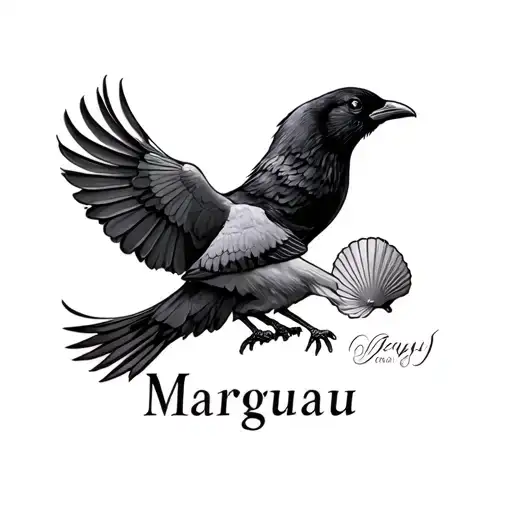 A dove with a crow flying together with a shell dress with the Margaux first name tattoo design idea