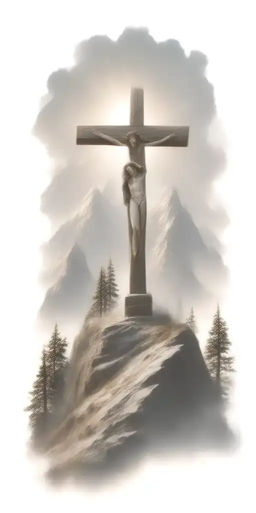 christian cross summit of a mountain landscape ray of sunshine, hyper realistic portrait of Jesus Christ,  tattoo design idea