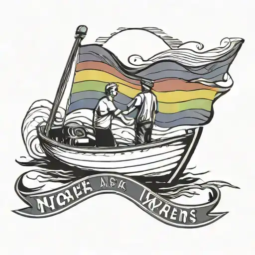 Gay pride flag with two men holding hands in a boat drifting into the sun. With “Nick loves men” written is script  tattoo design idea
