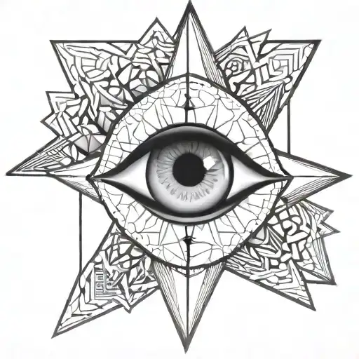 Create a black-and-white geometric tattoo design. The central focus is a large eye with a six-pointed star inside. Above tattoo design idea