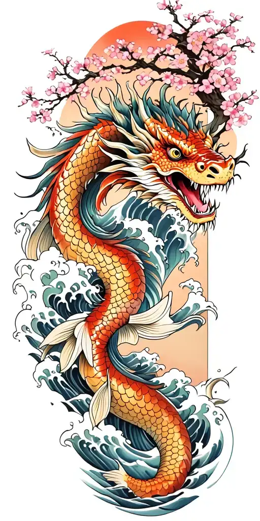 A fierce dragon and koi fish emerging from the ocean waves with cherry blossom trees in the background tattoo design idea