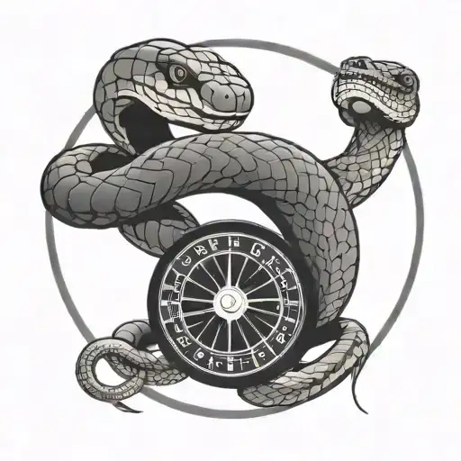 A black-grey tattoo of a snake wrapped around a roulette wheel, symbolizing luck and danger in gambling tattoo design idea