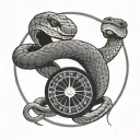 A black-grey tattoo of a snake wrapped around a roulette wheel, symbolizing luck and danger in gambling tattoo design idea