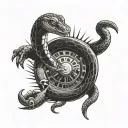 A black-grey tattoo of a snake wrapped around a roulette wheel, symbolizing luck and danger in gambling tattoo design idea