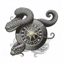 A black-grey tattoo of a snake wrapped around a roulette wheel, symbolizing luck and danger in gambling tattoo design idea