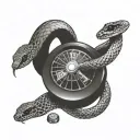 A black-grey tattoo of a snake wrapped around a roulette wheel, symbolizing luck and danger in gambling tattoo design idea