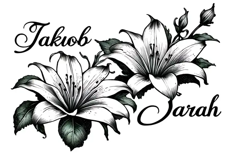 "Jakob Tobias Sarah" lily blossom fineline tattoo tattoo design idea