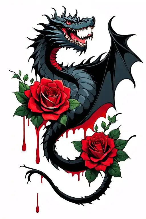 Black Dragon and Roses blood dripping tattoo design idea