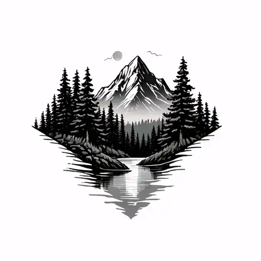 Please create a template from a coniferous forest, where a mountain rises across the forest in the background tattoo design idea