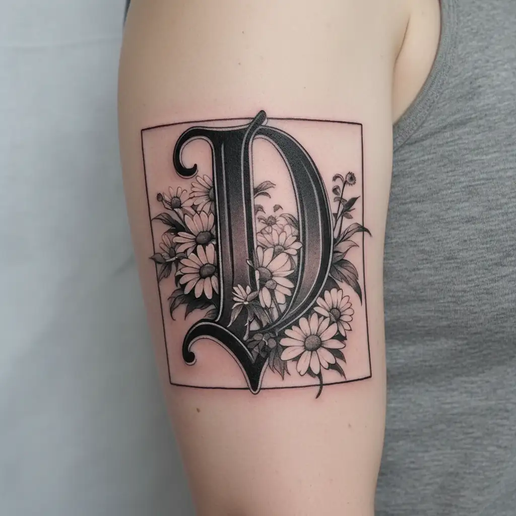 An ornate capital letter 'D' in old English calligraphy style, black and grey, with a few delicate daisies artistically  tattoo design idea