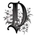 An ornate capital letter 'D' in old English calligraphy style, black and grey, with a few delicate daisies artistically  tattoo design idea