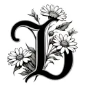 An ornate capital letter 'D' in old English calligraphy style, black and grey, with a few delicate daisies artistically  tattoo design idea