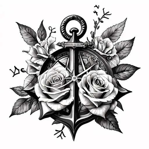 roses and anchor and compass rose tattoo design idea
