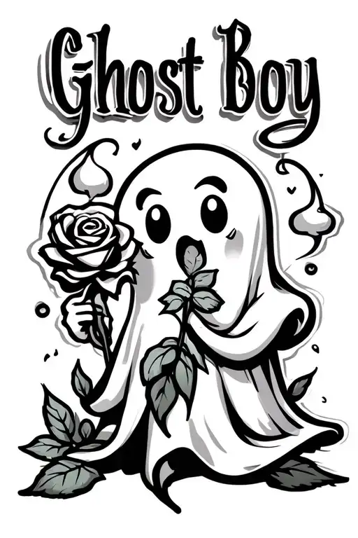 cartoon friendly ghost holding a rose with the text "ghost boy" in hand written font tattoo in black with no shading ver tattoo design idea