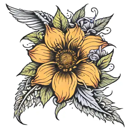 a fine line humming with lavender, sunflowers and hibiscus  tattoo design idea