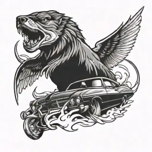 Hunting Fishing and Classic muscle car tattoo design idea