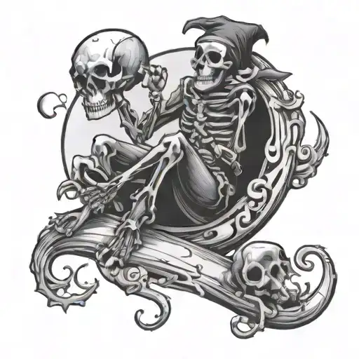 skeleton jester sitting on top a half moon juggling skulls tattoo design idea