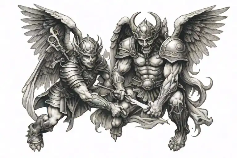 warrior angel killing demon tattoo design idea