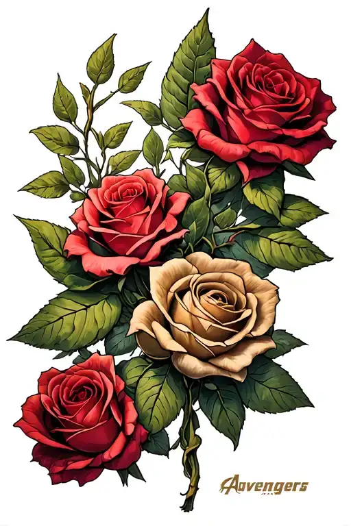 full sleeve tattoo with roses and stems tied together with the avengers logo tattoo design idea