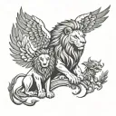 lion and phenix with a cub tattoo design idea