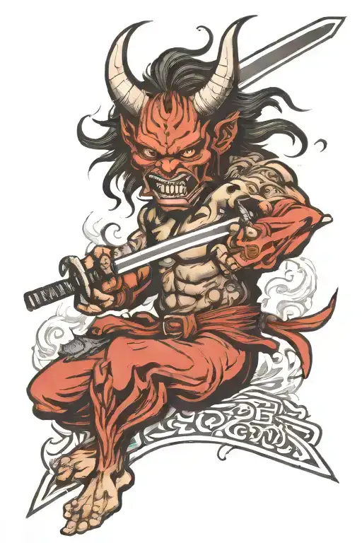 Demon oni, katana, inscription Klaus tattoo design idea