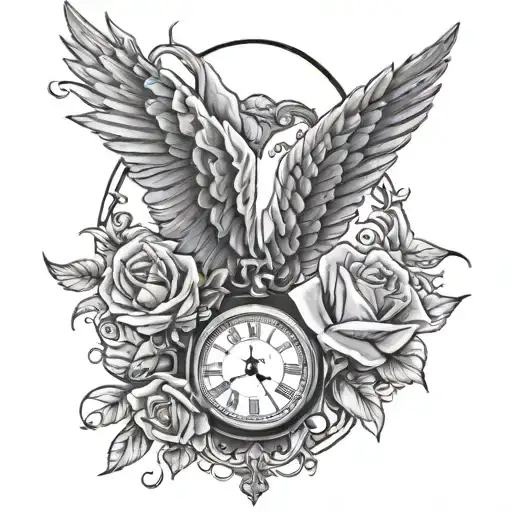 angel wings and roses wrapped on a roman clock tattoo design idea