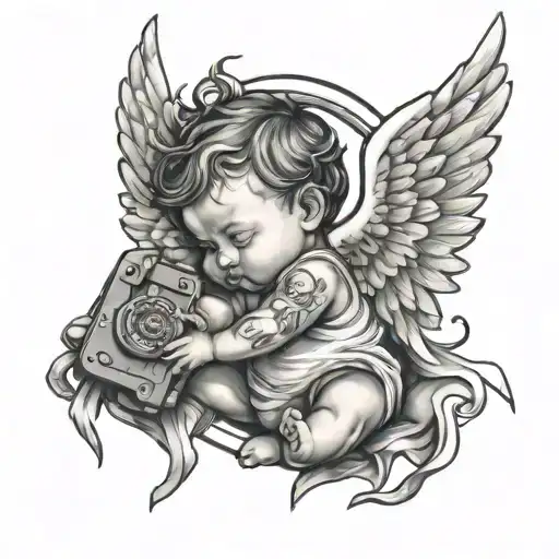 baby angle with wings holding a Glock pistol surrounded tattoo design idea