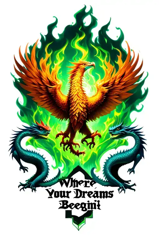 Element symbol for chaos in a Green flame with a phoenix and four juvenile dragons with the words where your dreams begi tattoo design idea