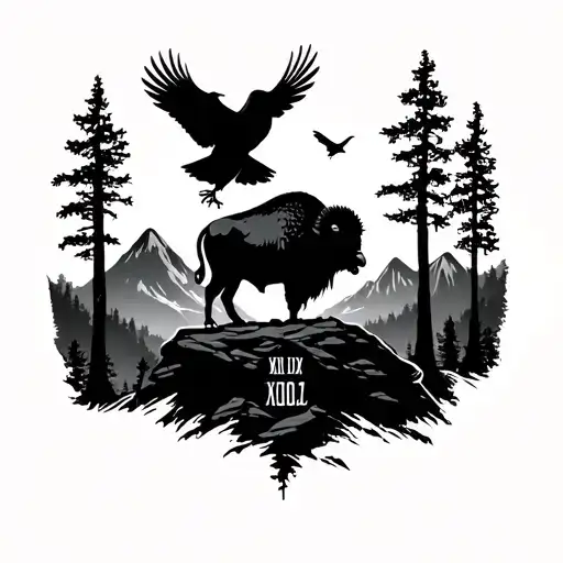 A sunset with silhouettes of ravens. Mountains and trees, with a buffalo in the middle, and Roman numerals on a rock tattoo design idea