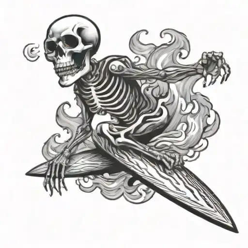 skeleton surfing on a wave of flames with cigar in mouth tattoo design idea
